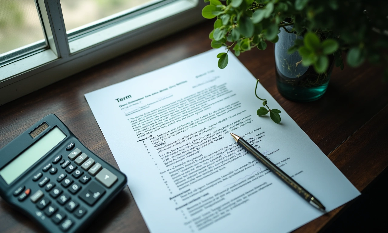 Overhead view of a signed term sheet, a calculator and a pen on a dark wooden table
