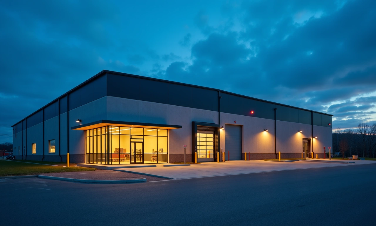 Exterior of a single-story commercial building with a loading dock at dusk and warm light in the windows