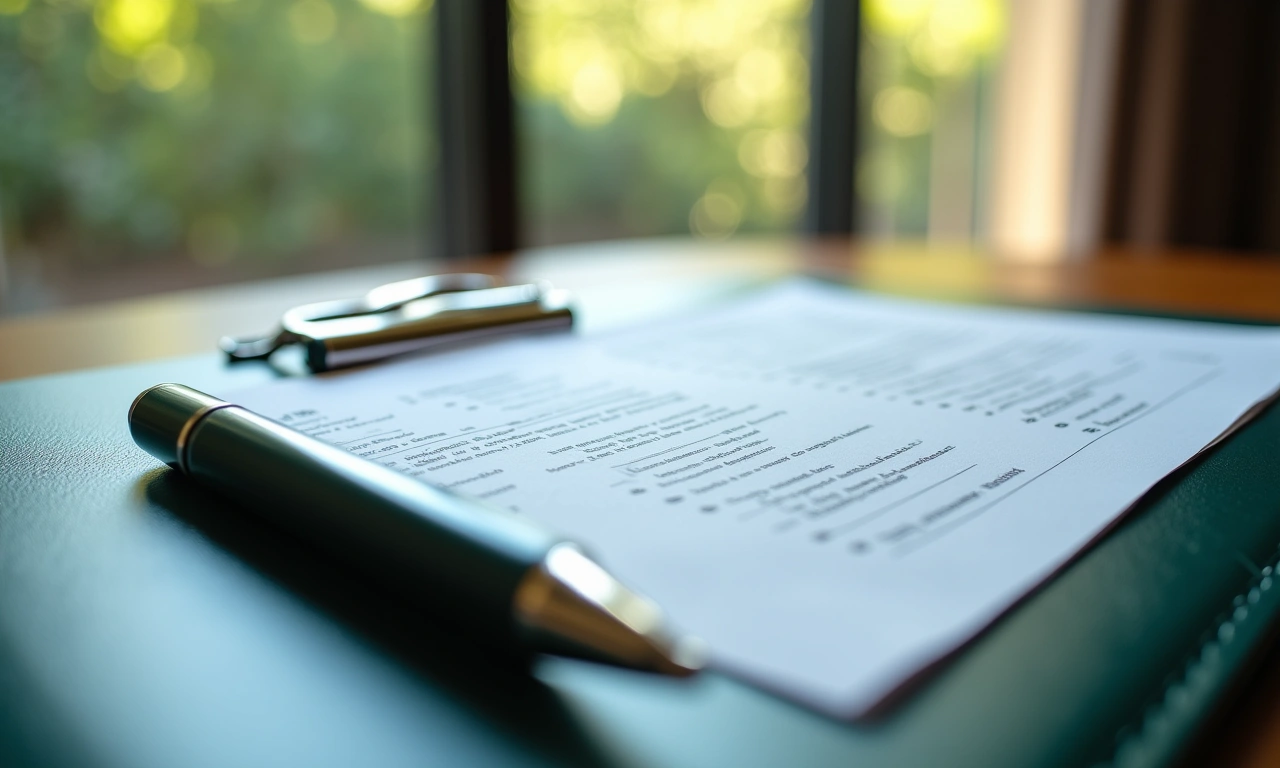 A closed leather folder of signed agreements and a pen on a conference table beside a window