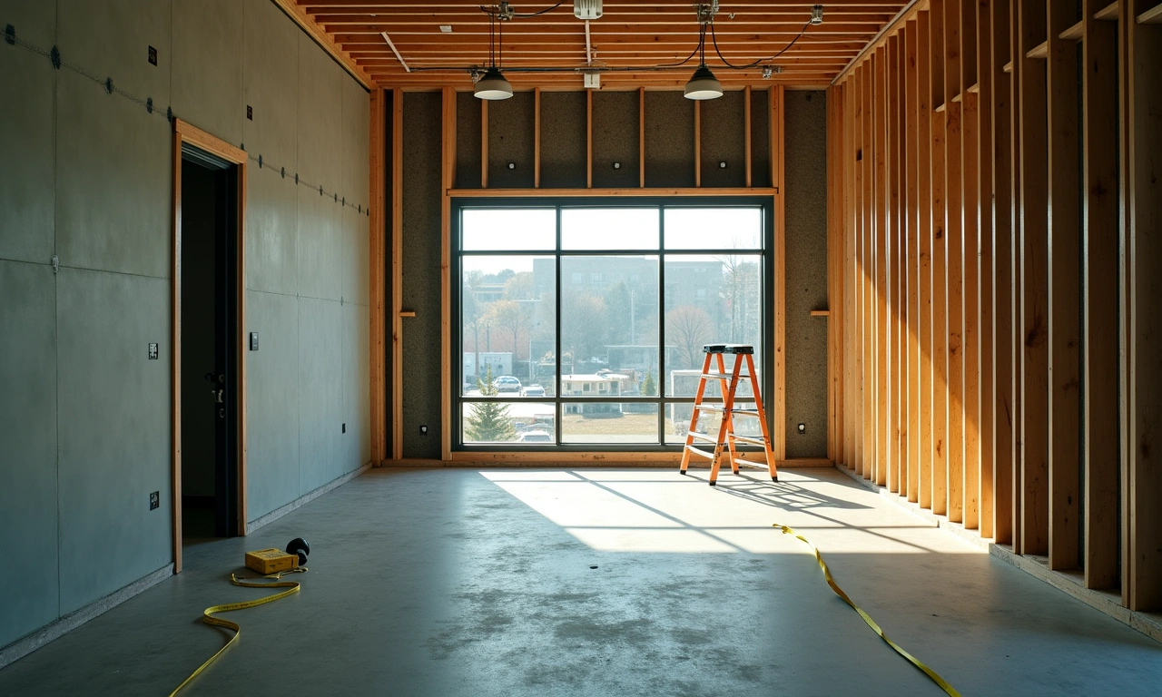 Interior of a retail storefront under construction with exposed framing, work lights and a measuring tape on the floor
