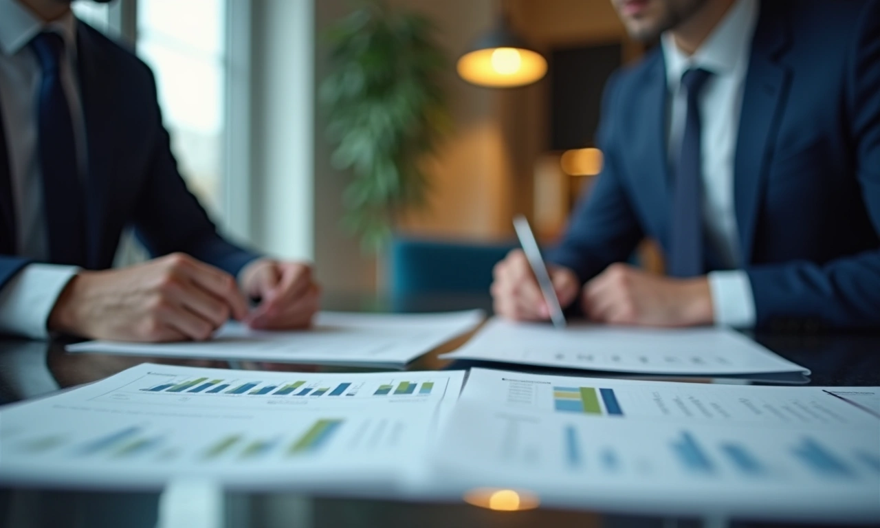 Institutional bank conference room with commercial loan documents