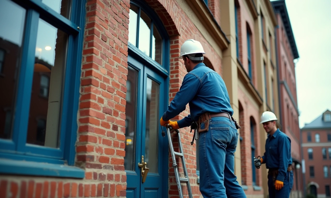 Preservation restoration crew on historic facade North Fulton County